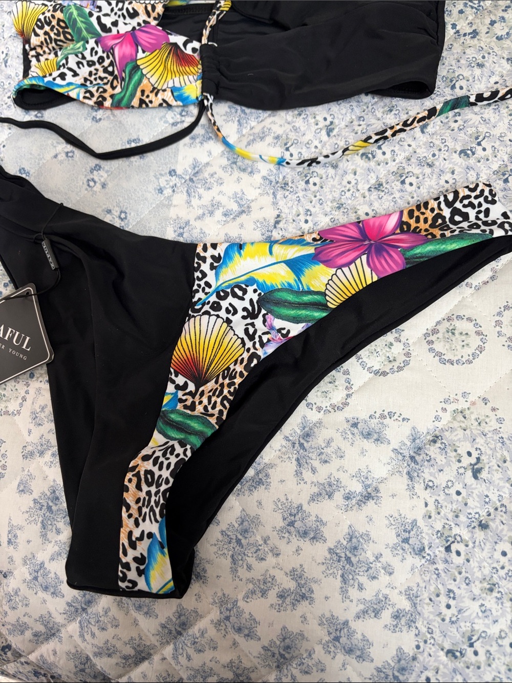 Zaful Black Bikini with Multicolor Floral & Leopard Accents - Picture 2 of 4